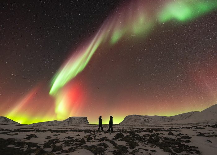 A view of the vibrant green Aurora Borealis over a snowy landscape.
